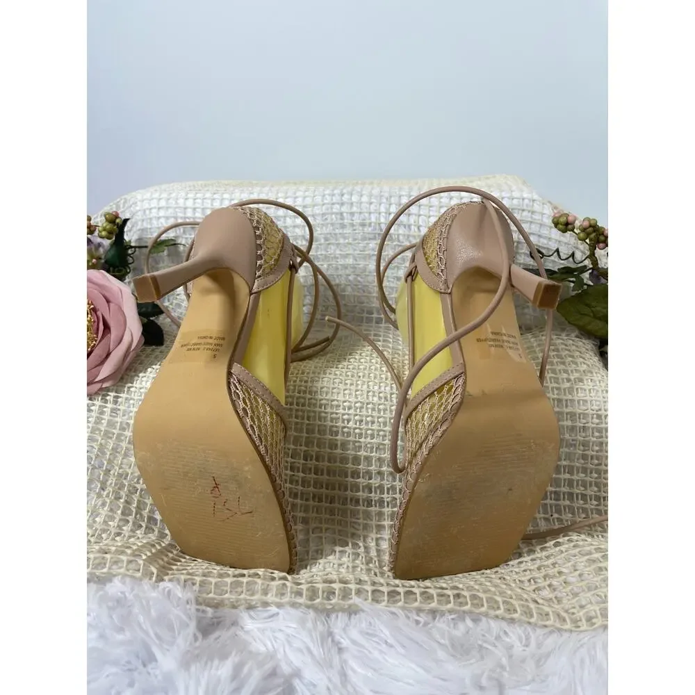 EGO Strappy Heeled Sandals Womens Size 5 Beige Mesh Clean Girl Minimalist Baddie